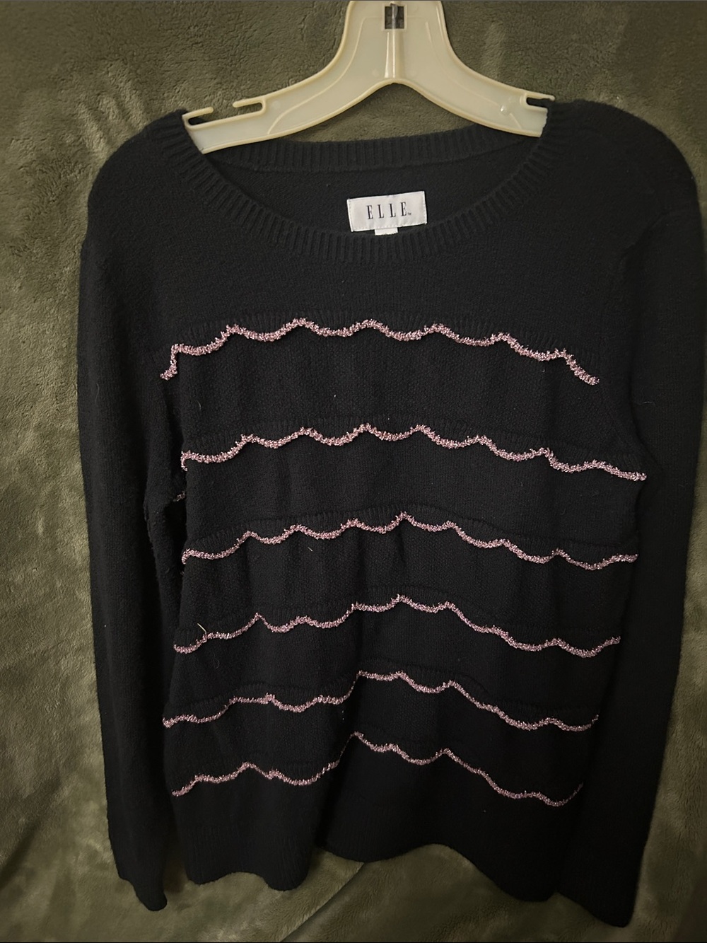 ELLE Black Crewneck Sweater with Pink Metallic Wave Accents